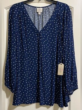 NWT St. John's Bay Navy and White Polka Dot V-Neck Blouse Top XL TALL